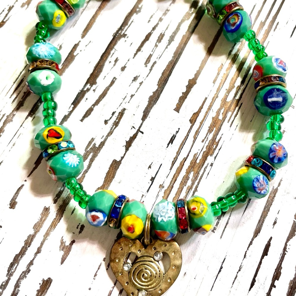 Handcrafted Green Beaded Necklace with Gold Heart Pendant 10 1/2 inches